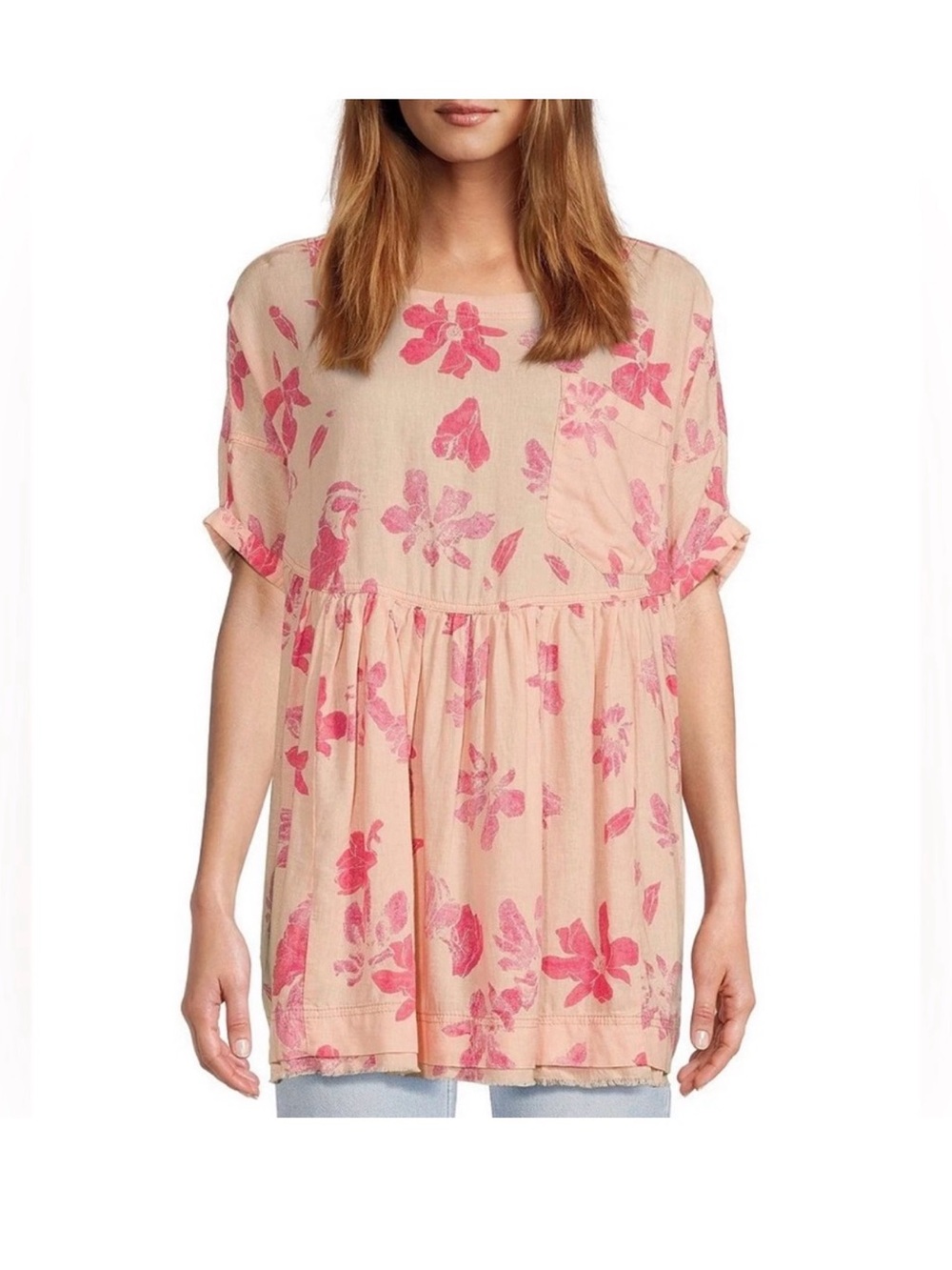 We The Free Peach Floral Babydoll Tunic with Pink Blossoms